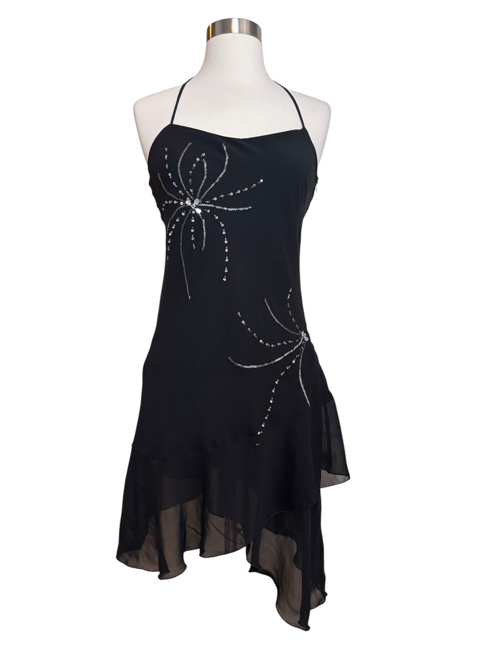 Vintage Y2K Black Asymmetrical Hem Black Halter Tie Neck Whimsigoth Dress Large